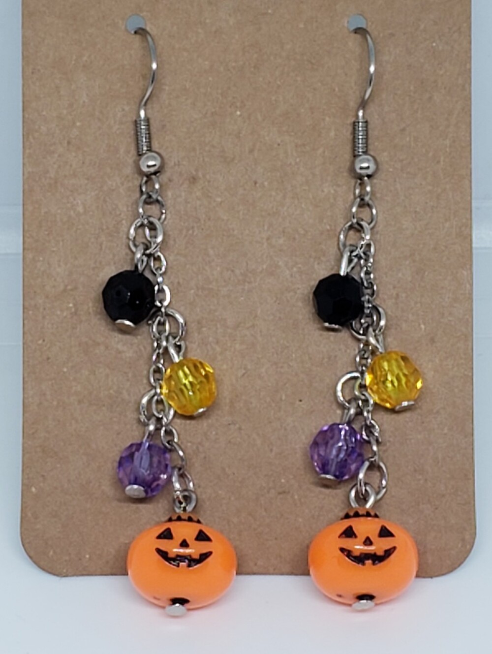 Handmade Beaded Halloween Pumpkin Jack O Lantern Dangle Chain Earrings